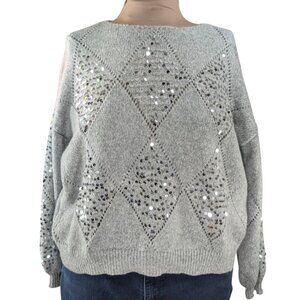 Shein Gray XL Soft Cropped Sequin Bling Crewneck Long Sleeve Soft Sweater